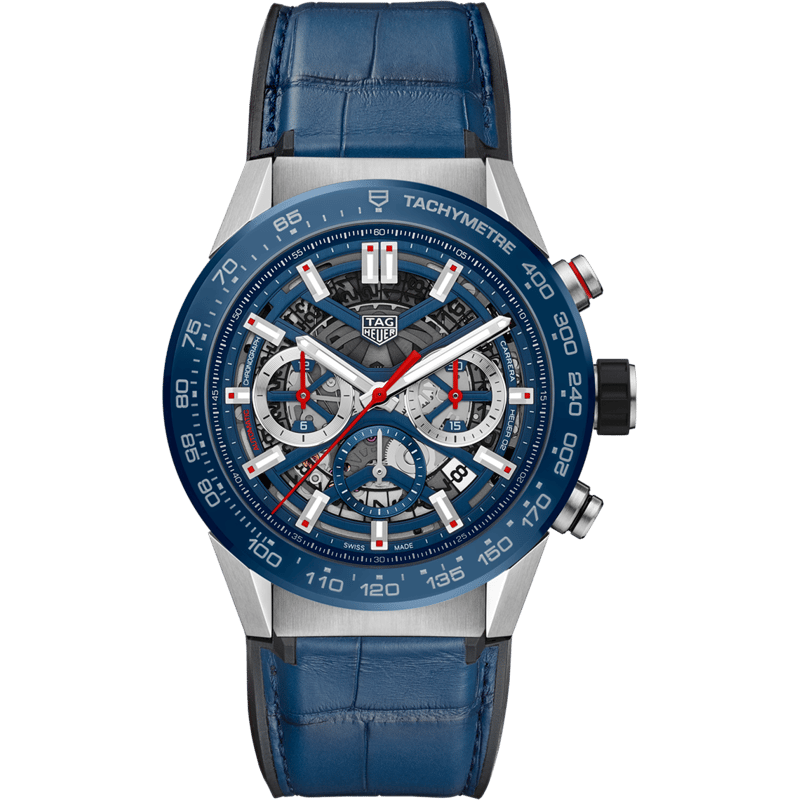 Carrera Calibre Heuer 02 45 Stainless Steel / Blue Ceramic / Skeleton / Alligator - Image 1